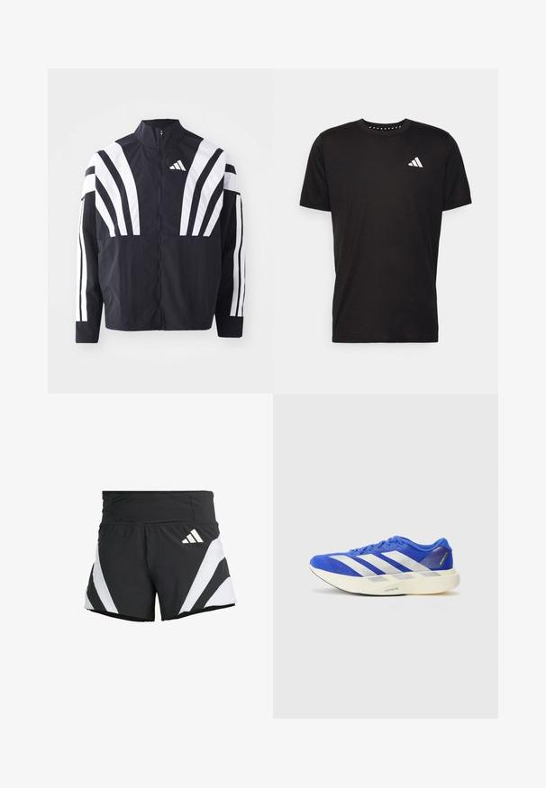 Black jacket featuring a high collar, full zip, and bold white diagonal stripes on sleeves. Made from lightweight fabric with a smooth texture.; Black cotton t-shirt with short sleeves, crew neckline, and a white logo on the left chest. Smooth texture and simple design.; adidas Performance ADIZERO A M - Sports shorts - black; Blue running shoe featuring a mesh upper, prominent white stripes, and a textured outsole. Accented with green and gray details.