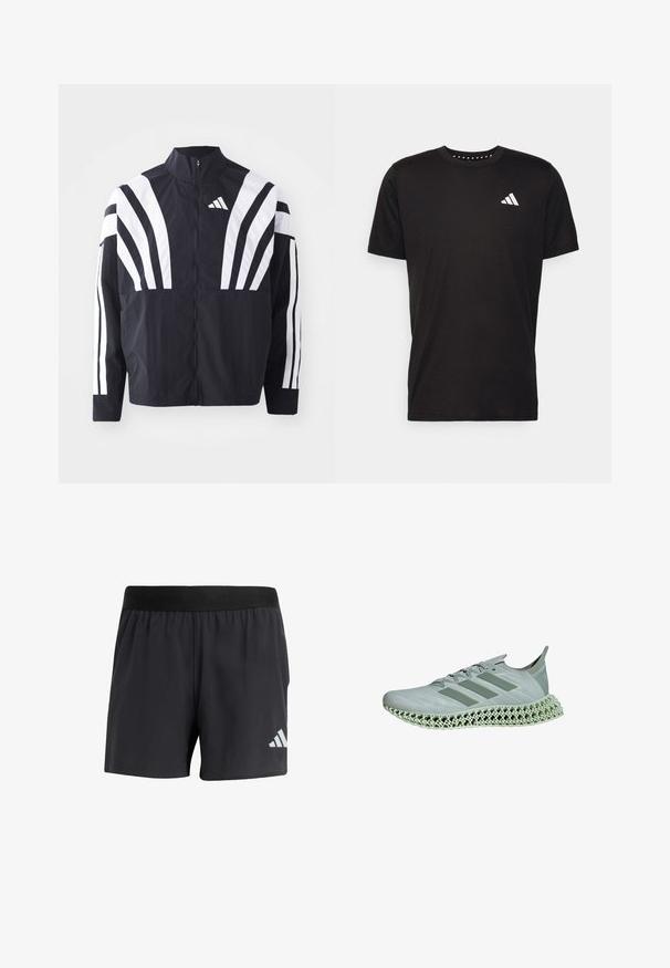 Svart jacka med hög krage, full dragkedja och djärva vita diagonala ränder på ärmarna. Tillverkad av lätt tyg med en slät struktur.; Svart bomullströja med korta ärmar, rundad halsringning och en vit logotyp på vänster bröst. Slät textur och enkelt design.; Svarta idrottsshorts med elastisk midja, som har en slät yta och en reflekterande vit logotyp på nedre vänstra sidan.; Ljust grå löparsko med en texturerad ovandel, tre präglade ränder och en distinkt 3D-tryckt galler-mellansula.