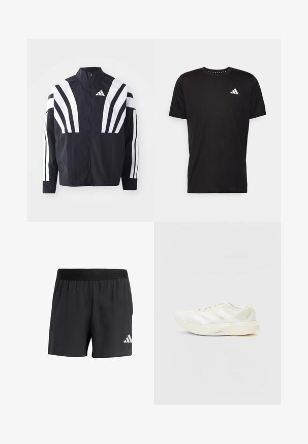 Giacca nera con colletto alto, zip completa e audaci strisce diagonali bianche sulle maniche. Realizzata in tessuto leggero con una texture morbida.; T-shirt in cotone nero con maniche corte, scollo rotondo e logo bianco sul lato sinistro del petto. Texture liscia e design semplice.; Pantaloni sportivi neri con elastico in vita, caratterizzati da una superficie liscia e un logo bianco riflettente sul lato sinistro inferiore.; Scarpa atletica bianca con tomaia in rete, caratterizzata da tre strisce bianche, punta arrotondata e suola chiara etichettata "LIGHTSTRIKE PRO."