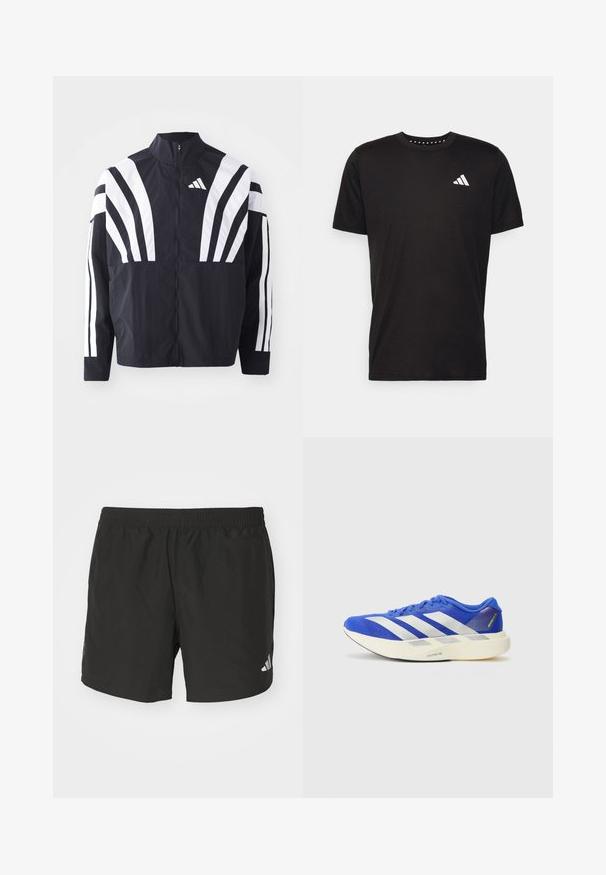 Sort jakke med højt krave, fuld lynlås og iøjnefaldende hvide diagonale striber på ærmerne. Lavet af letvægtsstof med en glat tekstur.; Sort bomulds T-shirt med korte ærmer, rund hals og et hvidt logo på venstre bryst. Glat tekstur og enkelt design.; Sorte atletiske shorts med elastisk talje, sideskår og reflekslogo detajler. Fremstillet af letvægts, glat stof.; Blå løbesko med mesh-overdel, fremtrædende hvide striber og en tekstureret ydersål. Accenteret med grønne og grå detaljer.