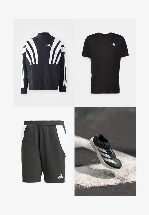 Černá bunda s vysokým límcem, plným zipem a výraznými bílými šikmými pruhy na rukávech. Vyrobena z lehké látky s hladkou texturou.; Černé bavlněné tričko s krátkým rukávem, kulatým výstřihem a bílým logem na levé hrudi. Hladká textura a jednoduchý design.; Černé sportovní kraťasy s bílými postranními akcenty, elastickým pasem a bílým logem Adidas. Vyrobené z hladkého, lehkého materiálu.; Černá sportovní obuv s třemi bílými pruhy, texturovaným svrškem, elegantním designem a zakřivenou podrážkou, umístěná nad bílou čárou na asfaltu.