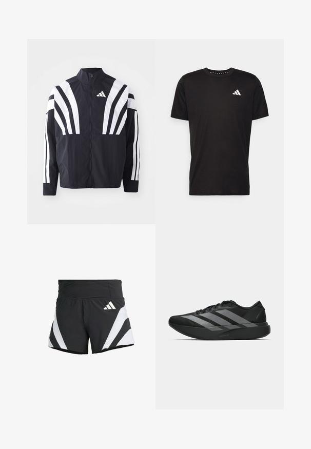Čierna bunda s vysokým golierom, plným zipsom a výraznými bielymi diagonálnymi pruhmi na rukávoch. Vyrobená z ľahkého materiálu s hladkou textúrou.; Čierne bavlnené tričko s krátkymi rukávmi, klasickým výstrihom a bielym logom na ľavej strane hrude. Hladká textúra a jednoduchý dizajn.; adidas Performance ADIZERO A M - Športové šortky - black; Čierne športové topánky s ľahkým dizajnom, obsahujúce tri výrazné šedé pruhy, hladkú textúru a kontúrovanú podrážku.