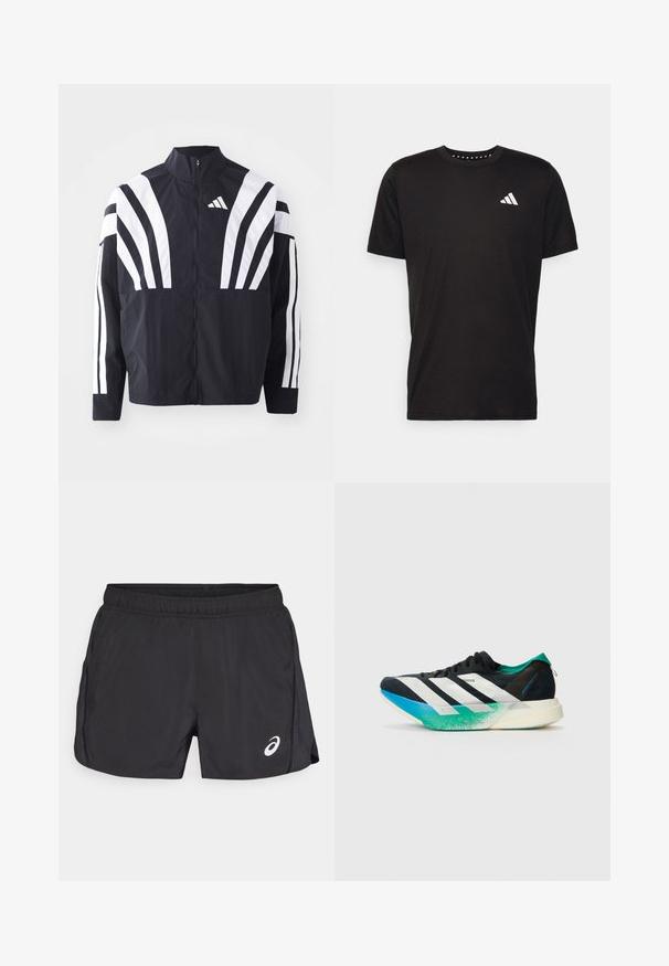 Black jacket featuring a high collar, full zip, and bold white diagonal stripes on sleeves. Made from lightweight fabric with a smooth texture.; Black cotton t-shirt with short sleeves, crew neckline, and a white logo on the left chest. Smooth texture and simple design.; Black athletic shorts with an elastic waistband, featuring a side slit and a white logo on the lower front right. Lightweight, smooth texture.; Black athletic shoe with white stripes, teal green accents, and a gradient blue-to-green sole. Lightweight design with textured upper.