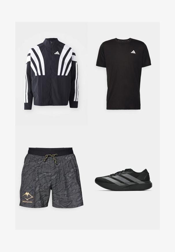 Čierna bunda s vysokým golierom, plným zipsom a výraznými bielymi diagonálnymi pruhmi na rukávoch. Vyrobená z ľahkého materiálu s hladkou textúrou.; Čierne bavlnené tričko s krátkymi rukávmi, klasickým výstrihom a bielym logom na ľavej strane hrude. Hladká textúra a jednoduchý dizajn.; Čierne šortky s textúrovaným vzorom šedých vĺn a bodkovanými akcentmi. Majú čierny elastický pás s žltou šnúrkou a logom.; Čierne športové topánky s ľahkým dizajnom, obsahujúce tri výrazné šedé pruhy, hladkú textúru a kontúrovanú podrážku.