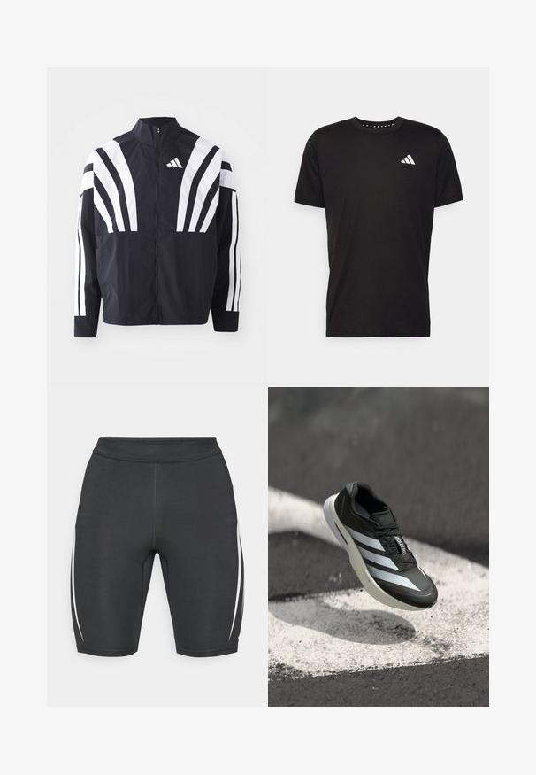 Zwarte jasje met een hoge kraag, volledige rits en gedurfde witte diagonale strepen op de mouwen. Gemaakt van lichtgewicht stof met een gladde textuur.; Zwarte katoenen t-shirt met korte mouwen, ronde hals en een wit logo op de linkerkant van de borst. Gladde textuur en eenvoudig ontwerp.; Zwarte sportieve shorts met witte zijkanten, gemaakt van rekbare stof, met een hoge tailleband en een aansluitend ontwerp voor comfort.; Zwarte sportschoen met drie witte strepen, een textuur bovenkant, een slank ontwerp en een gebogen zool, gepositioneerd boven een witte lijn op asfalt.