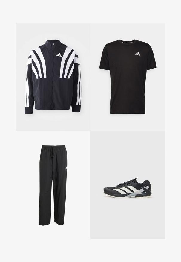 Fekete dzseki magas gallérral, teljes cipzárral és merész, fehér, átlós csíkokkal az ujjakon. Könnyű anyagból készült, sima tapintással.; Fekete pamut póló rövid ujjal, kerek nyakkivágással, bal mellrészen fehér logóval. Sima textúra és egyszerű dizájn.; Fekete sportnadrág, könnyű anyagból készült, rugalmas derékkal és húzózsinórral, az egyik lábszáron egy kis fehér logóval.; Fekete sportcipő fehér csíkokkal, hálós felsőrész, kerek orr és párnázott talp. Texturált sarokkal és biztonságos fűzőrendszerrel rendelkezik.