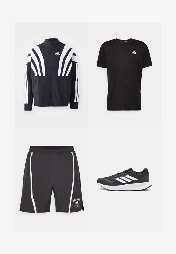 Black jacket featuring a high collar, full zip, and bold white diagonal stripes on sleeves. Made from lightweight fabric with a smooth texture.; Black cotton t-shirt with short sleeves, crew neckline, and a white logo on the left chest. Smooth texture and simple design.; Black athletic shorts with an elastic waistband, featuring white side stripes and an Adidas logo on the lower right leg.; Black athletic shoe with breathable mesh upper, white accents, and a cushioned sole. Features three stripes logo on the side.
