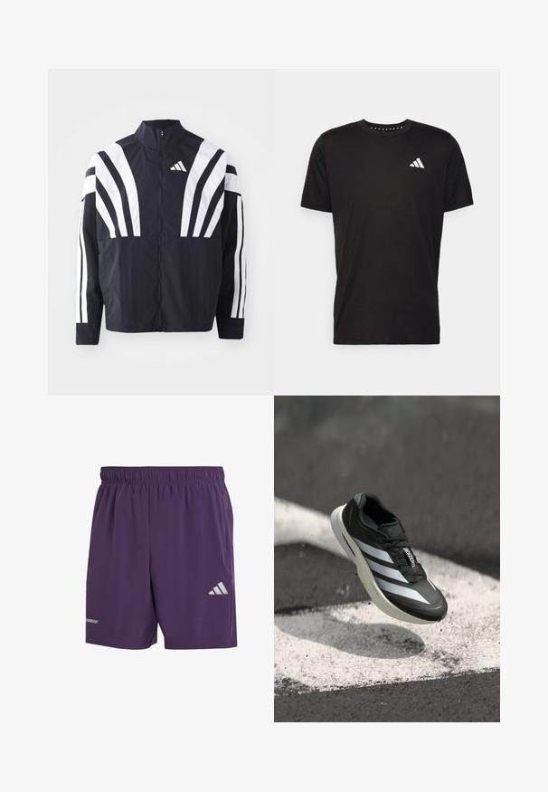 Black jacket featuring a high collar, full zip, and bold white diagonal stripes on sleeves. Made from lightweight fabric with a smooth texture.; Black cotton t-shirt with short sleeves, crew neckline, and a white logo on the left chest. Smooth texture and simple design.; Purple athletic shorts with an elastic waistband, featuring a silver Adidas logo and a smooth, breathable fabric. No pockets visible.; Black athletic shoe featuring three white stripes, textured upper, sleek design, and a curved sole, positioned above a white line on asphalt.