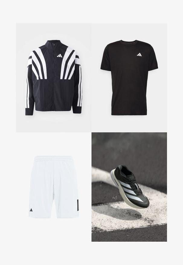 Black jacket featuring a high collar, full zip, and bold white diagonal stripes on sleeves. Made from lightweight fabric with a smooth texture.; Black cotton t-shirt with short sleeves, crew neckline, and a white logo on the left chest. Smooth texture and simple design.; White athletic shorts with an elastic waistband, featuring three black stripes on the sides and a black logo on the lower left leg.; Black athletic shoe featuring three white stripes, textured upper, sleek design, and a curved sole, positioned above a white line on asphalt.