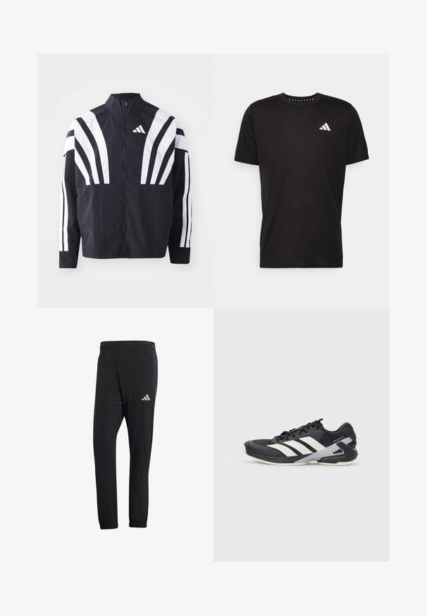 Jachetă neagră cu guler înalt, fermoar complet și dungi diagonale albe îndrăznețe pe mâneci. Fabricată dintr-un material ușor, cu o textură netedă.; Tricou negru din bumbac, cu mâneci scurte, de tip crew neckline, cu un logo alb pe pieptul stâng. Textură netedă și design simplu.; Pantaloni sport din material negru, cu o croială ajustată, confecționați dintr-un material neted. Au buzunare laterale și un logo reflectorizant pe coapsa stângă, în partea de sus.; Pantofii sport negri cu dungi albe, superior din plasă, vârf rotunjit și talpă îmbunătățită pentru amortizare. Au o călcătură texturată și un sistem de șireturi securizat.