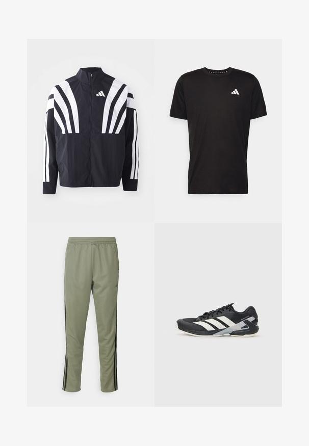 Black jacket featuring a high collar, full zip, and bold white diagonal stripes on sleeves. Made from lightweight fabric with a smooth texture.; Black cotton t-shirt with short sleeves, crew neckline, and a white logo on the left chest. Smooth texture and simple design.; adidas Performance TRAIN ESSENTIALS 3-STRIPES - Tracksuit bottoms - silver pebble/black; Black athletic shoe with white stripes, mesh upper, rounded toe, and cushioned sole. Features a textured heel and secure lacing system.