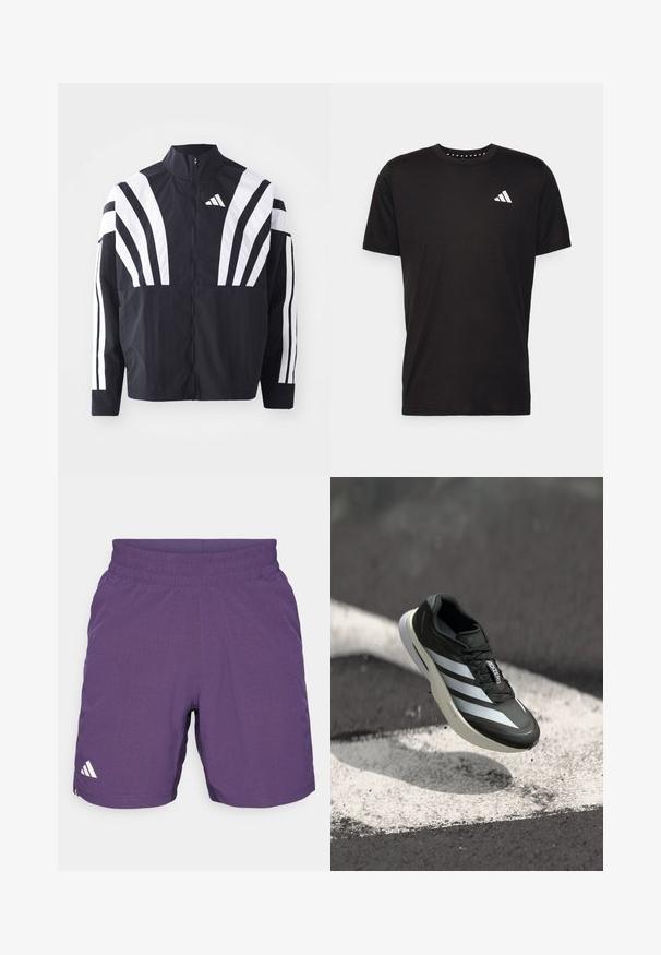 Schwarze Jacke mit hohem Kragen, durchgehendem Reißverschluss und kräftigen weißen diagonalen Streifen an den Ärmeln. Aus leichtem Stoff mit glatter Textur gefertigt.; Schwarzes Baumwoll-T-Shirt mit kurzen Ärmeln, Rundhalsausschnitt und einem weißen Logo auf der linken Brust. Glatte Textur und einfaches Design.; Lila Sportshorts aus atmungsaktivem Material, mit einem elastischen Bund und einem weißen Logo-Akzent auf der linken Seite.; Schwarzer Sportschuh mit drei weißen Streifen, strukturiertem Obermaterial, schlankem Design und krummer Sohle, über einer weißen Linie auf Asphalt positioniert.