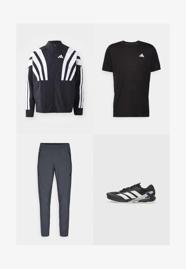 Schwarze Jacke mit hohem Kragen, durchgehendem Reißverschluss und kräftigen weißen diagonalen Streifen an den Ärmeln. Aus leichtem Stoff mit glatter Textur gefertigt.; Schwarzes Baumwoll-T-Shirt mit kurzen Ärmeln, Rundhalsausschnitt und einem weißen Logo auf der linken Brust. Glatte Textur und einfaches Design.; Graue Sporthose mit elastischem Bund, seitlichen Reißverschlusstaschen und einem Logodetail am linken Oberschenkel. Hergestellt aus leichtem Material.; Schwarzer Sportschuh mit weißen Streifen, Obermaterial aus Mesh, runde Zehenform und gepolstertem Sohlenteil. Verfügt über eine strukturierte Ferse und ein sicheres Schnürsystem.