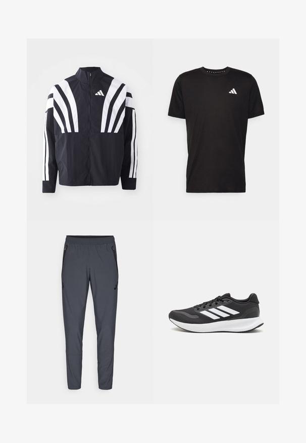 Black jacket featuring a high collar, full zip, and bold white diagonal stripes on sleeves. Made from lightweight fabric with a smooth texture.; Black cotton t-shirt with short sleeves, crew neckline, and a white logo on the left chest. Smooth texture and simple design.; Gray athletic pants with an elastic waistband, zippered side pockets, and a logo detail on the left thigh. Made of lightweight fabric.; Black athletic shoe with breathable mesh upper, white accents, and a cushioned sole. Features three stripes logo on the side.