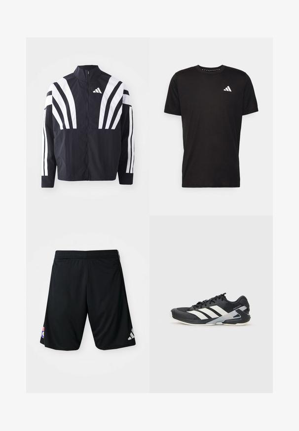 Svart jacka med hög krage, full dragkedja och djärva vita diagonala ränder på ärmarna. Tillverkad av lätt tyg med en slät struktur.; Svart bomullströja med korta ärmar, rundad halsringning och en vit logotyp på vänster bröst. Slät textur och enkelt design.; Svarta träningsshorts i mjukt, lättviktigt material. Har en elastisk midja, Adidas-logotyp i grått och en applikation på sidan.; Svart atletisk sko med vita ränder, mesh-övre, rund tå och dämpad sula. Har en strukturerad häl och ett säkert snörningssystem.