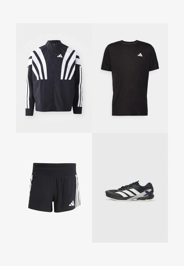 Schwarze Jacke mit hohem Kragen, durchgehendem Reißverschluss und kräftigen weißen diagonalen Streifen an den Ärmeln. Aus leichtem Stoff mit glatter Textur gefertigt.; Schwarzes Baumwoll-T-Shirt mit kurzen Ärmeln, Rundhalsausschnitt und einem weißen Logo auf der linken Brust. Glatte Textur und einfaches Design.; Schwarze Sportshorts aus strukturiertem Stoff, mit einem breiten Bund und drei vertikalen weißen Streifen an den Seiten. adidas-Logo am Saum.; Schwarzer Sportschuh mit weißen Streifen, Obermaterial aus Mesh, runde Zehenform und gepolstertem Sohlenteil. Verfügt über eine strukturierte Ferse und ein sicheres Schnürsystem.