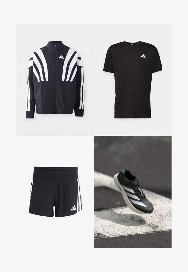 Giacca nera con colletto alto, zip completa e audaci strisce diagonali bianche sulle maniche. Realizzata in tessuto leggero con una texture morbida.; T-shirt in cotone nero con maniche corte, scollo rotondo e logo bianco sul lato sinistro del petto. Texture liscia e design semplice.; Pantaloni sportivi neri realizzati in tessuto testurizzato, con una vita ampia e tre strisce bianche verticali sui lati. Logo adidas sull'orlo.; Scarpa da atleta nera con tre strisce bianche, parte superiore texturizzata, design elegante e suola curva, posizionata sopra una linea bianca sull'asfalto.