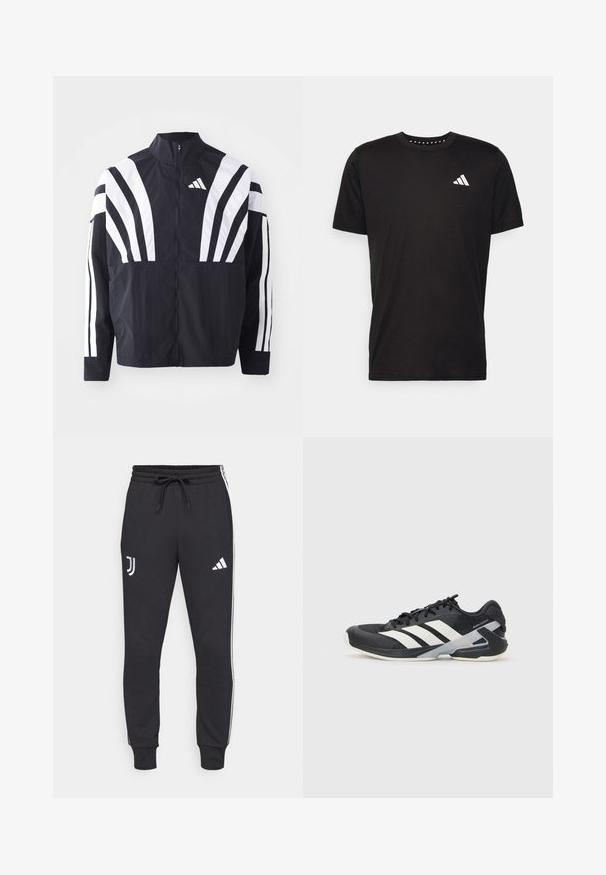 Čierna bunda s vysokým golierom, plným zipsom a výraznými bielymi diagonálnymi pruhmi na rukávoch. Vyrobená z ľahkého materiálu s hladkou textúrou.; Čierne bavlnené tričko s krátkymi rukávmi, klasickým výstrihom a bielym logom na ľavej strane hrude. Hladká textúra a jednoduchý dizajn.; Čierne tepláky s nastaviteľným pásom, s bielymi bočnými pruhmi a logami na ľavom a hornom pravom stehne. Mäkka tkanina.; Čierna športová obuv s bielymi pruhmi, sieťovinový zvršok, zaoblená špička a polstrovaná podrážka. Obsahuje štruktúrovaný opätok a bezpečný systém šnurovania.