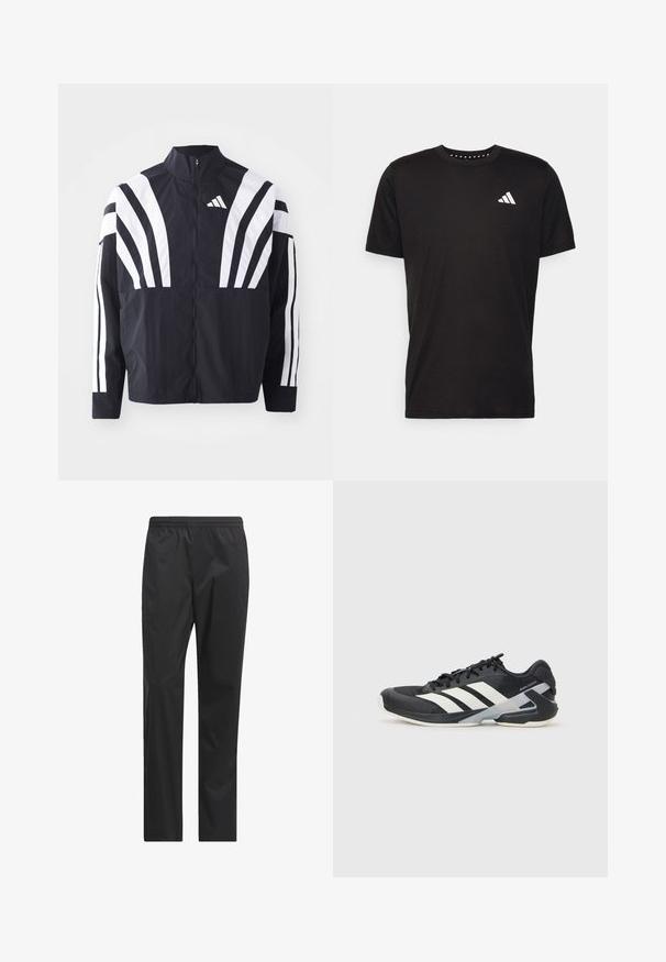 Zwarte jasje met een hoge kraag, volledige rits en gedurfde witte diagonale strepen op de mouwen. Gemaakt van lichtgewicht stof met een gladde textuur.; Zwarte katoenen t-shirt met korte mouwen, ronde hals en een wit logo op de linkerkant van de borst. Gladde textuur en eenvoudig ontwerp.; Zwarte waterdichte broek met een recht model, elastische tailleband en een gladde, lichte textuur. Geen zichtbare zakken of accenten.; Zwarte sportschoen met witte strepen, bovenwerk van mesh, ronde neus en geveerde zool. Heeft een getextureerde hak en een veilig vetersysteem.