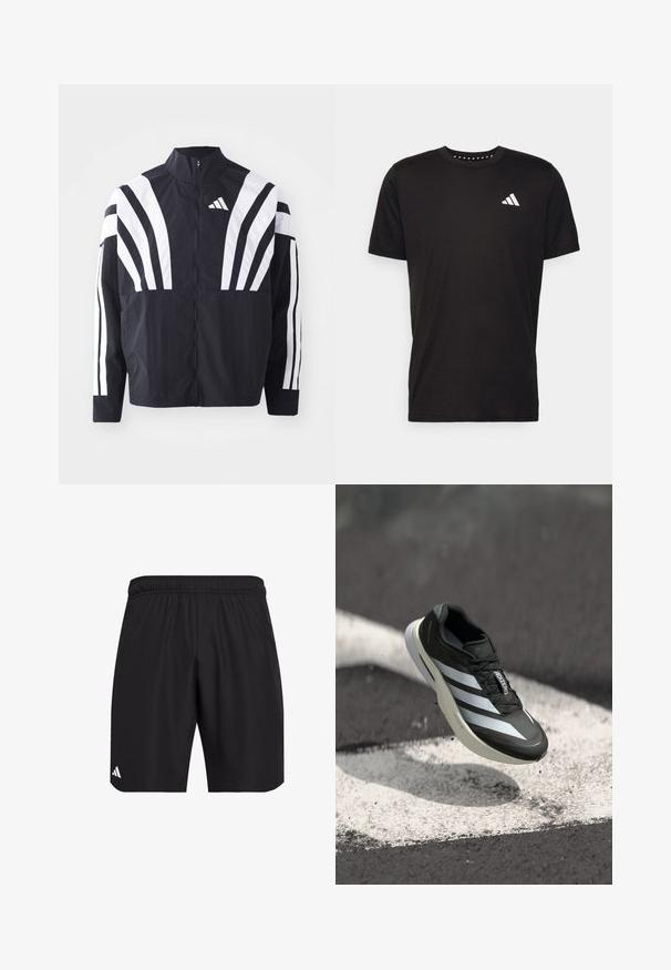 Svart jakke med høy krage, hel glidelås og markante hvite skråstriper på ermene. Laget av lett stoff med en glatt tekstur.; Svart bomulls t-skjorte med korte ermer, rund hals og en hvit logo på venstre bryst. Glatt tekstur og enkelt design.; Sorte treningsshorts med elastisk midjebånd. Laget av lett stoff med en subtil tekstur og en liten hvit logo som aksent.; Svart atletisk sko med tre hvite striper, teksturert overdel, slank design og buet såle, plassert over en hvit linje på asfalt.