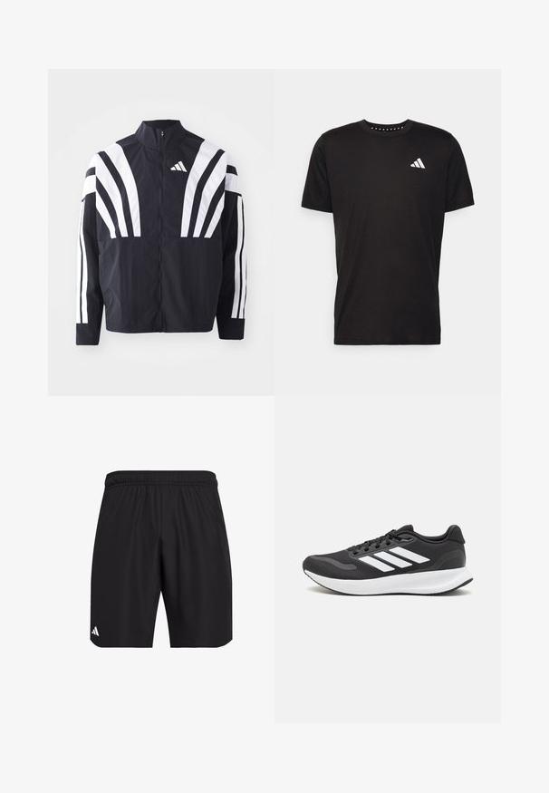 Fekete dzseki magas gallérral, teljes cipzárral és merész, fehér, átlós csíkokkal az ujjakon. Könnyű anyagból készült, sima tapintással.; Fekete pamut póló rövid ujjal, kerek nyakkivágással, bal mellrészen fehér logóval. Sima textúra és egyszerű dizájn.; Fekete sportos rövidnadrág, rugalmas derékkal. Könnyű anyagból készült, finom textúrával és egy kis fehér logóval díszítve.; Fekete sportcipő légáteresztő hálós felsőrésszel, fehér kiegészítőkkel és párnázott talppal. Az oldalon három csíkkal ellátott logó található.