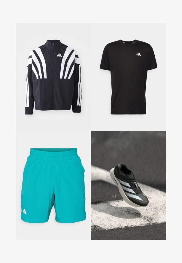 Zwarte jasje met een hoge kraag, volledige rits en gedurfde witte diagonale strepen op de mouwen. Gemaakt van lichtgewicht stof met een gladde textuur.; Zwarte katoenen t-shirt met korte mouwen, ronde hals en een wit logo op de linkerkant van de borst. Gladde textuur en eenvoudig ontwerp.; Teal sportieve shorts met een elastische tailleband en een gestructureerd patroon. Bevat een wit logo aan de onderkant links.; Zwarte sportschoen met drie witte strepen, een textuur bovenkant, een slank ontwerp en een gebogen zool, gepositioneerd boven een witte lijn op asfalt.