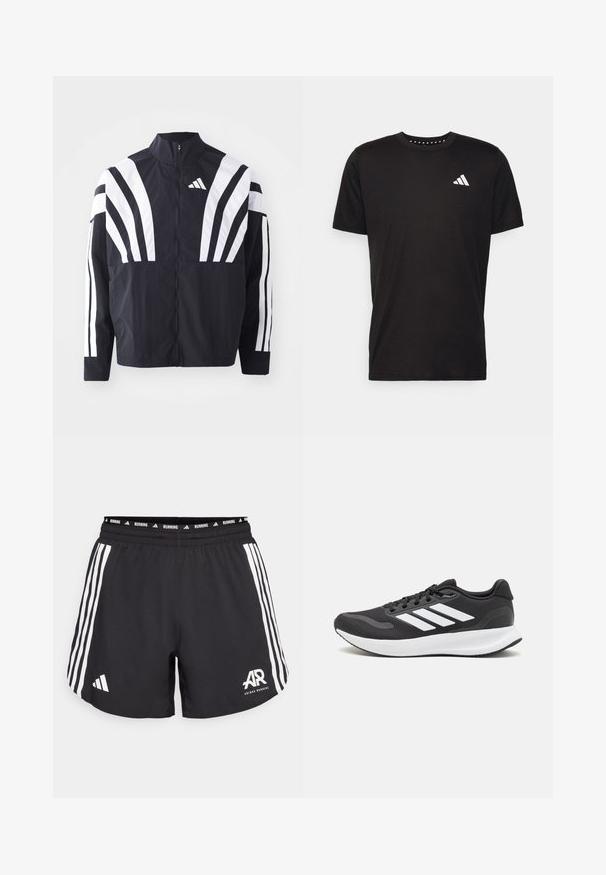 Black jacket featuring a high collar, full zip, and bold white diagonal stripes on sleeves. Made from lightweight fabric with a smooth texture.; Black cotton t-shirt with short sleeves, crew neckline, and a white logo on the left chest. Smooth texture and simple design.; Black running shorts with white Adidas stripes on the sides and logo. Elastic waistband features "RUNNING" text along the top. Lightweight material.; Black athletic shoe with breathable mesh upper, white accents, and a cushioned sole. Features three stripes logo on the side.