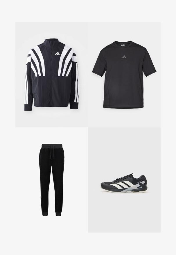 Crna jakna s visokim ovratnikom, punim patentnim zatvaračem i hrabrim bijelim dijagonalnim prugama na rukavima. Izrađena je od lagane tkanine s glatkom teksturom.; Crna atletska majica od prozračnog materijala, s kratkim rukavima, okruglim izrezom i reflektirajućim logotipom na prsima.; Crne velur jogger hlače s rebrastim pojasom i manžetama, imajući vezicu i mali logo detalj na donjoj strani.; Crne atletske cipele s bijelim prugama, mrežasta gornja strana, zaobljeni prst i podstavljeni đon. Imaju teksturiranu petu i siguran sustav vezivanja.