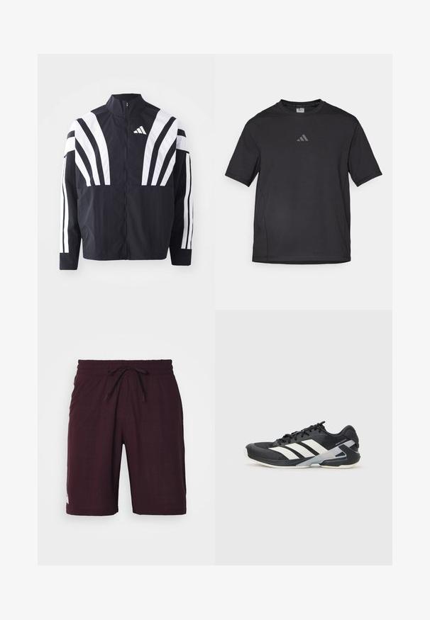 Black jacket featuring a high collar, full zip, and bold white diagonal stripes on sleeves. Made from lightweight fabric with a smooth texture.; Black athletic t-shirt made of breathable material, featuring short sleeves, a round neck, and a reflective logo on the chest.; Maroon shorts made of textured fabric, featuring an elastic waistband with a drawstring, and a small white logo on the bottom hem.; Black athletic shoe with white stripes, mesh upper, rounded toe, and cushioned sole. Features a textured heel and secure lacing system.