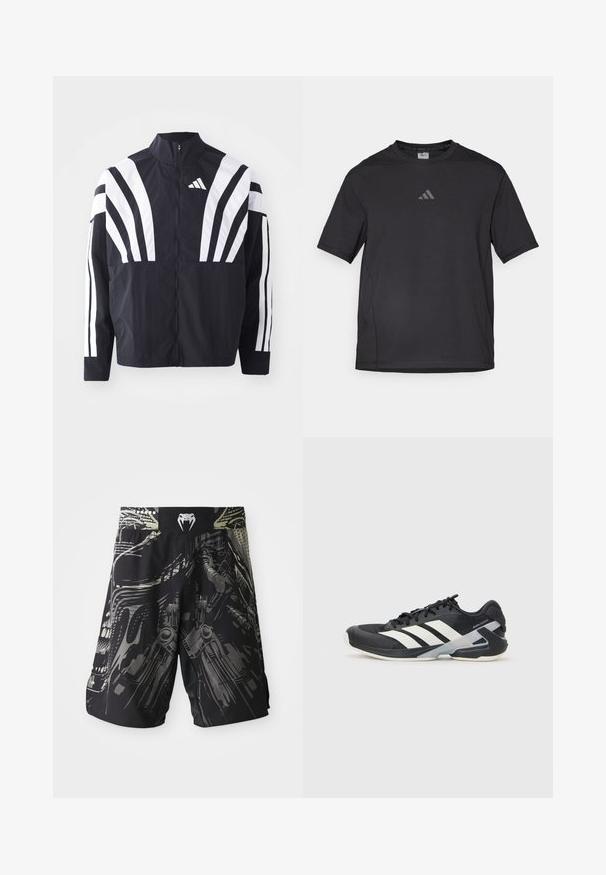 Černá bunda s vysokým límcem, plným zipem a výraznými bílými šikmými pruhy na rukávech. Vyrobena z lehké látky s hladkou texturou.; Černé sportovní tričko vyrobené z prodyšného materiálu, s krátkými rukávem, kulatým výstřihem a reflexním logem na hrudi.; Černé šortky s vícebarevným grafickým potiskem s mechanickými designy. Elastický pas s logem na zadní straně. Lehce látka.; Černá sportovní obuv s bílými pruhy, síťovaným svrškem, zaoblenou špičkou a polstrovanou podrážkou. Obsahuje texturovanou patu a bezpečný systém šněrování.