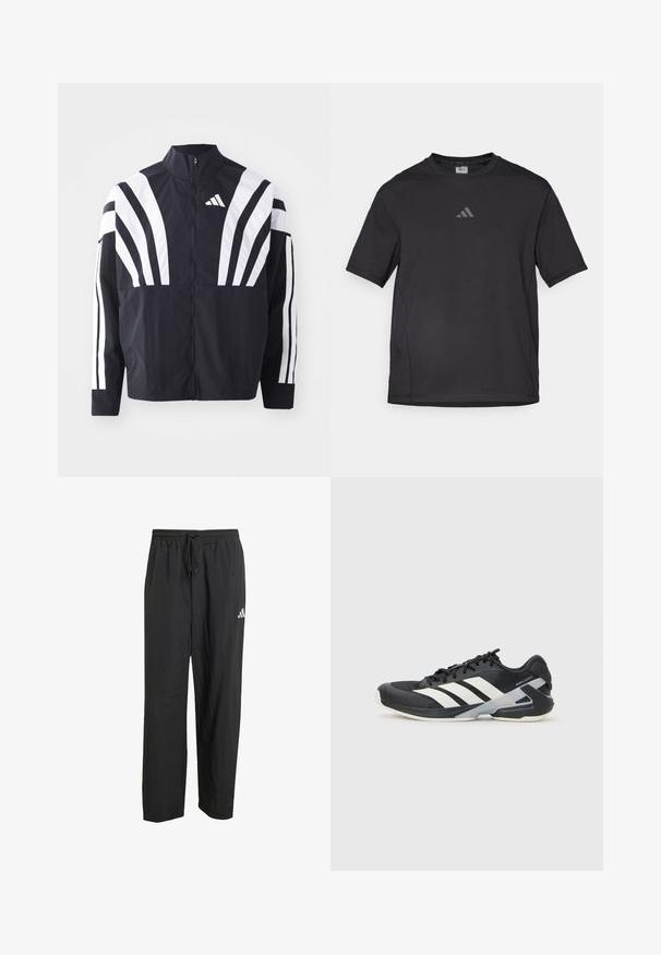 Melna jakas ar augstu apkakli, pilnu rāvējslēdzēju un drosmīgām baltām diagonālām svītrām uz piedurknēm. Izgatavota no viegla auduma ar gludu tekstūru.; Melnā sporta T-krekls no elpojoša materiāla, ar īsām piedurknēm, apaļu apkakli un atstarojošu logotipu uz krūtīm.; Melnas sporta bikses, izgatavotas no viegla auduma, ar elastīgu jostu un auklu, kā arī ar mazu baltu logo akcentu uz vienas kājas.; Melnas sporta kurpes ar baltām svītrām, acs augšdaļa, noapaļots pirksts un mīksts zole. Iespējams ar teksturētu papēdi un drošu šņoru sistēmu.