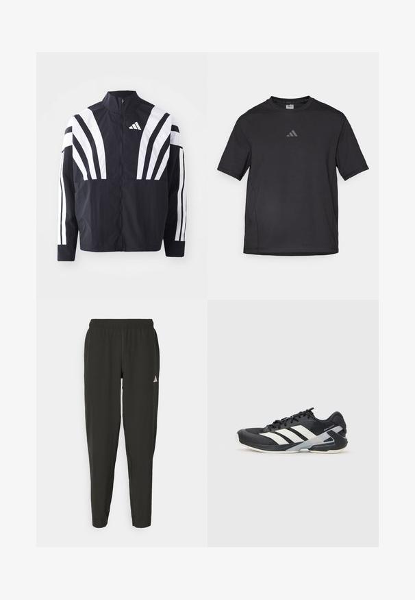 Črna jakna z visokim ovratnikom, popolnim zadrgo in boldnimi belimi diagonalnimi črtami na rokavih. Narejena iz lahkega materiala z gladko teksturo.; Črno atletsko majico iz zračnega materiala, ki ima kratke rokave, okroglo ovratnik in odsevni logotip na prsih.; Črne športne hlače z elastičnim pasom, ožji kroj in belim logotipom na levi nogi. Gladek, lahek material.; Črne atletske čevlje z belimi črtami, mrežastim zgornjim delom, zaobljenim nosom in blaženim podplatom. Imajo teksturiran petni del in varen sistem vezalk.