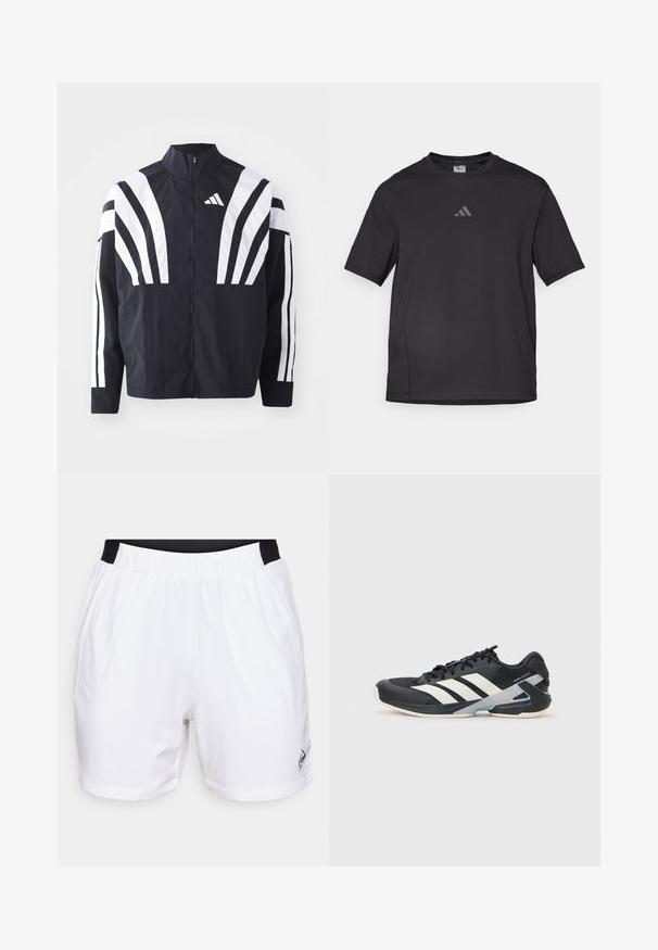 Crna jakna s visokim ovratnikom, punim patentnim zatvaračem i hrabrim bijelim dijagonalnim prugama na rukavima. Izrađena je od lagane tkanine s glatkom teksturom.; Crna atletska majica od prozračnog materijala, s kratkim rukavima, okruglim izrezom i reflektirajućim logotipom na prsima.; Bijele atletske kratke hlače s crnim elastičnim pojasom, bočnim džepovima i malim logotipom na donjoj desnoj strani. Glatka tekstura.; Crne atletske cipele s bijelim prugama, mrežasta gornja strana, zaobljeni prst i podstavljeni đon. Imaju teksturiranu petu i siguran sustav vezivanja.