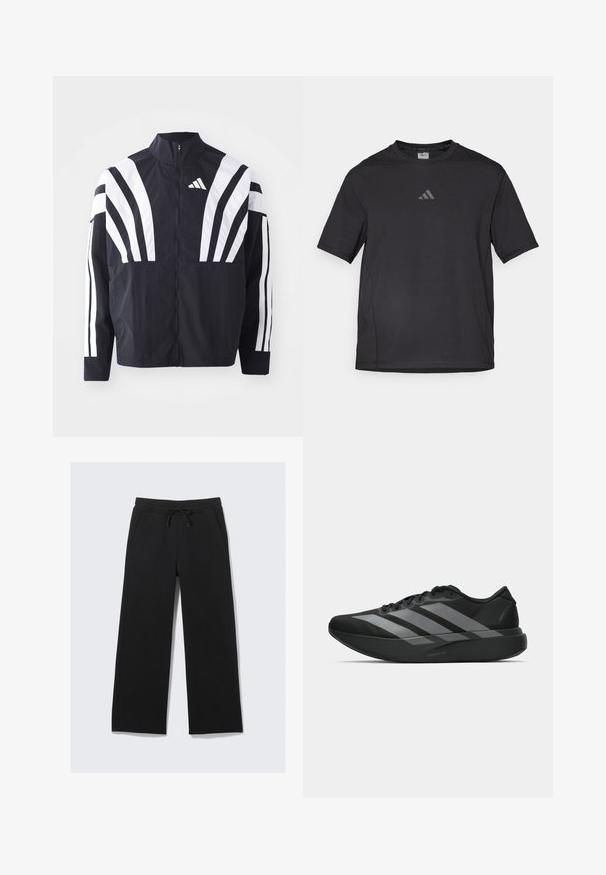 Mustrün mustaga, kõrge krae, täispikk tõmblukk ja julged valged diagonaalsed triibud varrukatel. Valmistatud kergest kangast, millel on sile tekstuur.; Must väga hästi hingavast materjalist must sportlik T-särk, millel on lühikesed varrukad, ümmargune kaelus ja peegeldav logo rinnal.; Mustad lai jalad püksid, mis on valmistatud pehmest kangast. Omavad elastset vöökohta kinnitusnööriga ja küljetaskut. Sile tekstuur.; Must have mustangid! Need light and trendy athletic shoes? These black sneakers have a streamlined design featuring three large hallal gray stripes. Their smooth texture and ergonomically contoured sole provide ultimate comfort.