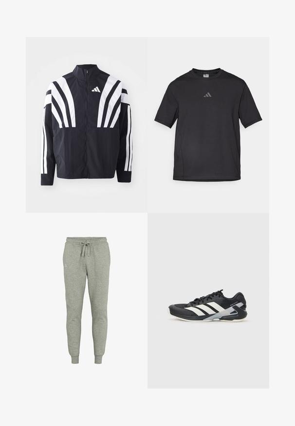 Fekete dzseki magas gallérral, teljes cipzárral és merész, fehér, átlós csíkokkal az ujjakon. Könnyű anyagból készült, sima tapintással.; Fekete sport póló lélegző anyagból, rövid ujjú, kerek nyakkal és fényvisszaverő logóval a mellkasán.; Szürke, puha anyagból készült melegítőnadrág, húzózsinóros derékkal és bordás mandzsettával. Kis logó részlet a bal csípőn.; Fekete sportcipő fehér csíkokkal, hálós felsőrész, kerek orr és párnázott talp. Texturált sarokkal és biztonságos fűzőrendszerrel rendelkezik.