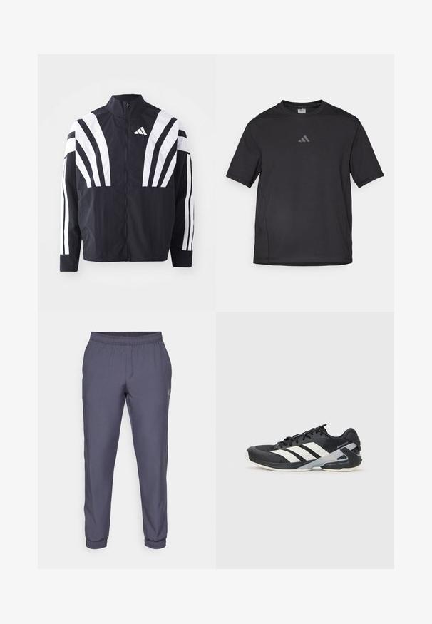 Juodas švarkas su aukštu kaklu, pilnu užtrauktuku ir ryškiomis baltomis įstrižomis juostelėmis ant rankovių. Pagamintas iš lengvos medžiagos su lygiu paviršiumi.; Juodas sportinis marškinėlis pagamintas iš kvėpuojančios medžiagos, su trumpomis rankovėmis, apvaliu kaklu ir atspindinčiu logotipu ant krūtinės.; Pilkos sportinės kelnės su elastine juostele, siaurėjantys šlaunys ir apvynioti našlės. Lygi tekstūra ir minimalus ženklinimas šone.; Juoda sportinė avalynė su baltais dryžiais, tinklinis viršus, apvalus pirštas ir paminkštinta padais. Yra tekstūruota kulno dalis ir saugi raištelių sistema.