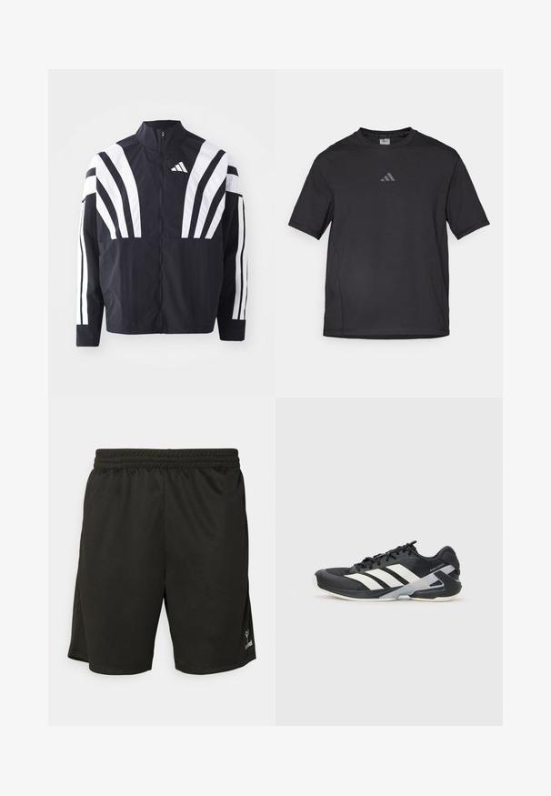 Schwarze Jacke mit hohem Kragen, durchgehendem Reißverschluss und kräftigen weißen diagonalen Streifen an den Ärmeln. Aus leichtem Stoff mit glatter Textur gefertigt.; Schwarzes Sport-T-Shirt aus atmungsaktivem Material, mit kurzen Ärmeln, rundem Ausschnitt und einem reflexiven Logo auf der Brust.; Schwarze Sportshorts mit elastischem Bund, glatter Textur, knielangem Schnitt und einem kleinen Logoakzent auf der unteren rechten Seite.; Schwarzer Sportschuh mit weißen Streifen, Obermaterial aus Mesh, runde Zehenform und gepolstertem Sohlenteil. Verfügt über eine strukturierte Ferse und ein sicheres Schnürsystem.