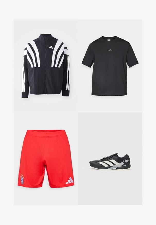 Fekete dzseki magas gallérral, teljes cipzárral és merész, fehér, átlós csíkokkal az ujjakon. Könnyű anyagból készült, sima tapintással.; Fekete sport póló lélegző anyagból, rövid ujjú, kerek nyakkal és fényvisszaverő logóval a mellkasán.; Piros sportnadrág sima anyagból, hímezett logóval és felette öt csillaggal, az oldalon fehér Adidas csíkokkal.; Fekete sportcipő fehér csíkokkal, hálós felsőrész, kerek orr és párnázott talp. Texturált sarokkal és biztonságos fűzőrendszerrel rendelkezik.