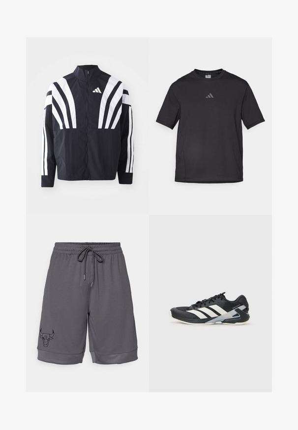 Casaco preto com colarinho alto, fecho completo e listras diagonais brancas em bold nas mangas. Feito de um tecido leve com uma textura suave.; T-shirt atlético preto feito de material respirável, com mangas curtas, decote redondo e um logótipo refletor no peito.; Calções desportivos cinzentos feitos de tecido texturizado. Apresentam uma cintura elástica com cordão e um logo de touro preto no lado esquerdo.; Sapata atlética preta com riscas brancas, parte superior em malha, biqueira arredondada e sola acolchoada. Apresenta um calcanhar texturizado e um sistema de atacadores seguro.