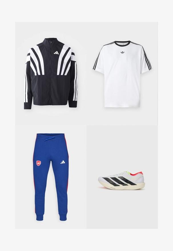 Melna jakas ar augstu apkakli, pilnu rāvējslēdzēju un drosmīgām baltām diagonālām svītrām uz piedurknēm. Izgatavota no viegla auduma ar gludu tekstūru.; Baltā T-krekla izgatavots no kokvilnas, ar melnu apaļu kakla izgriezumu un trim melnām svītrām uz katra pleca. Mazs melns logo uz krūtīm.; Zili zili džinsi ar sarkaniem sānu svītrām, ar Arsenal un Adidas logo. Elastīga josta ar regulējamu auklu.; Balti skrienamie apavi ar melnām svītrām, neona zaļiem akcentiem un sarkanu papēdi. Izceļas ar vieglu dizainu un teksturētu zoli, kas nodrošina labu saķeri.