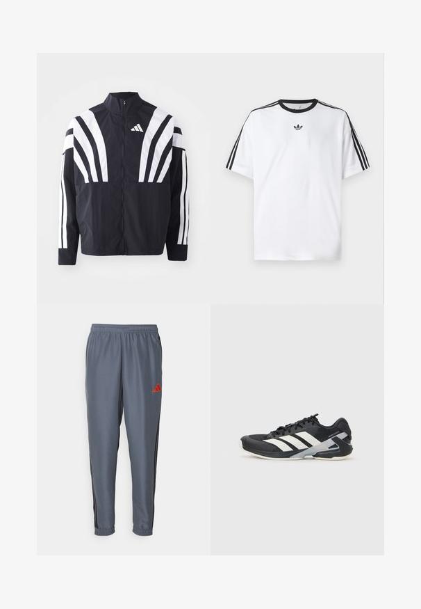 Veste noire avec un col montant, fermeture éclair sur toute la longueur et de larges rayures blanches diagonales sur les manches. Fabriquée en tissu léger avec une texture lisse.; T-shirt blanc en coton, doté d'un col rond noir et de trois rayures noires sur chaque épaule. Petit logo noir sur la poitrine.; Pantalon de sport gris avec une taille élastique, forme fuselée, bandes latérales noires et un logo Adidas rouge sur la cuisse gauche.; Chaussure de sport noire avec des rayures blanches, tige en mesh, bout arrondi et semelle rembourrée. Comprend un talon texturé et un système de laçage sécurisé.