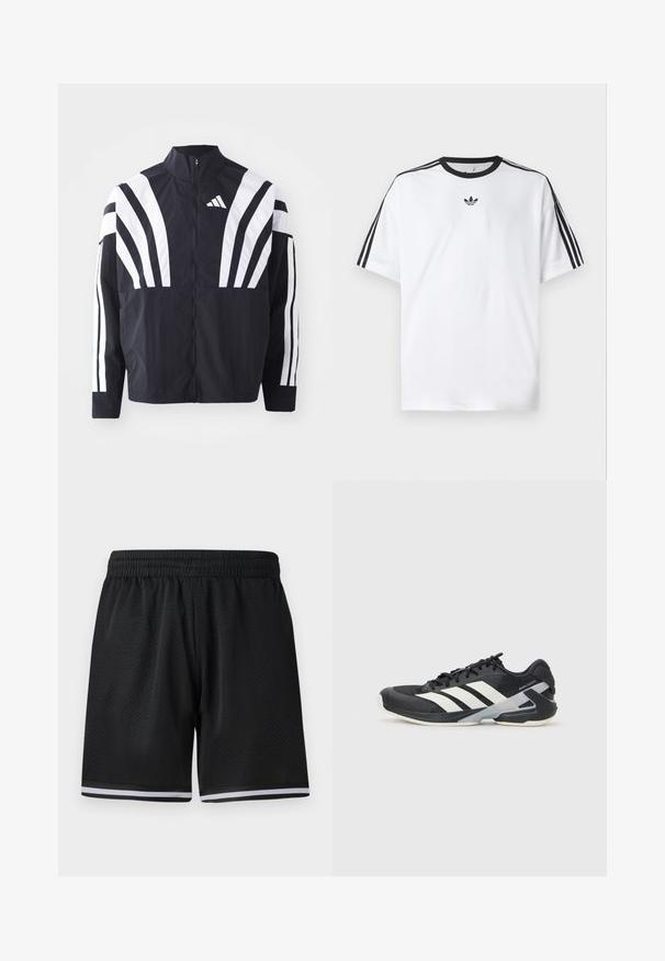 Czarna kurtka z wysokim kołnierzem, pełnym zamkiem błyskawicznym oraz wyrazistymi białymi ukośnymi paskami na rękawach. Wykonana z lekkiej tkaniny o gładkiej fakturze.; Biała koszulka z bawełny, z czarnym okrągłym dekoltem i trzema czarnymi paskami na każdym ramieniu. Małe czarne logo na klatce piersiowej.; Czarne siatkowe spodenki sportowe z elastycznym paskiem w talii, z białymi paskami wzdłuż dołu dla dodatkowego wykończenia. Lekki i oddychający materiał.; Czarne buty sportowe z białymi paskami, siateczkowa cholewka, zaokrąglony czubek i amortyzowana podeszwa. Posiadają teksturowany obcas i pewny system sznurowania.