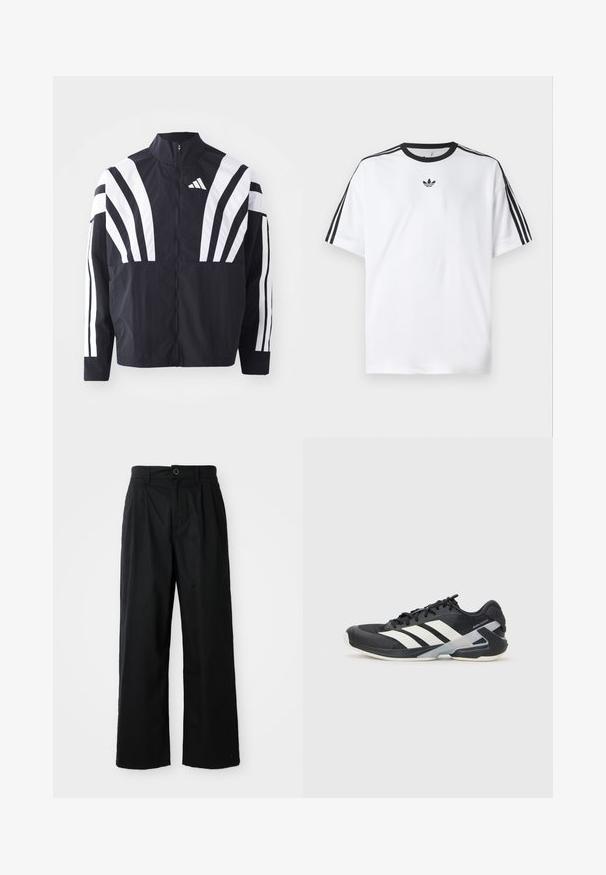 Fekete dzseki magas gallérral, teljes cipzárral és merész, fehér, átlós csíkokkal az ujjakon. Könnyű anyagból készült, sima tapintással.; Fehér pamut póló, fekete kerek nyakkal, mindkét vállán három fekete csíkkal. Kis fekete logó a mellkason.; Fekete, bővülő lábszárú nadrág, amely pamutból készült és sima tapintású. Elöl gombos záródással és két oldalsó zsebbel rendelkezik.; Fekete sportcipő fehér csíkokkal, hálós felsőrész, kerek orr és párnázott talp. Texturált sarokkal és biztonságos fűzőrendszerrel rendelkezik.