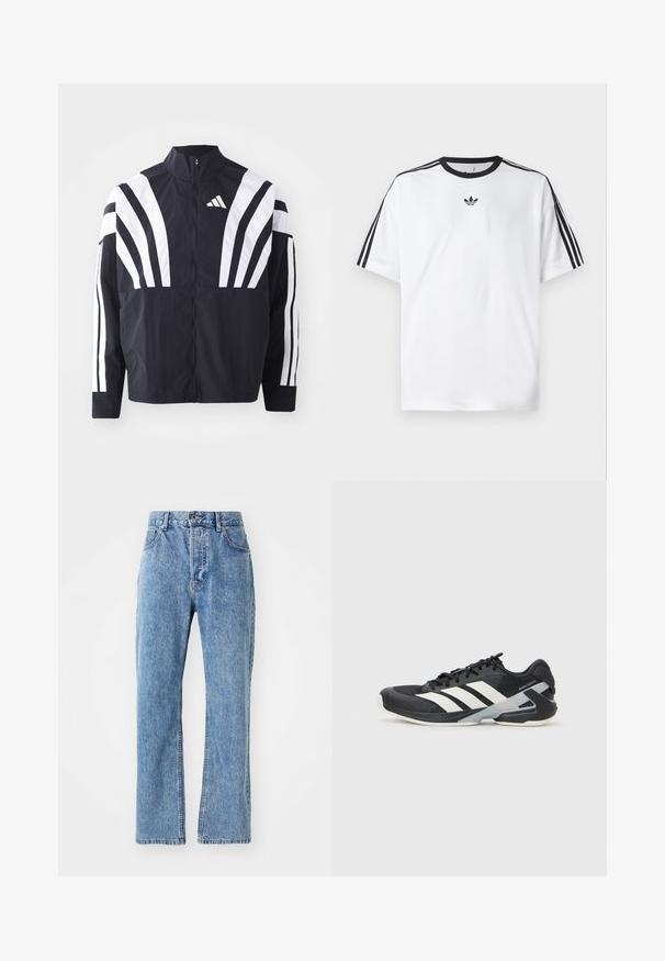 Czarna kurtka z wysokim kołnierzem, pełnym zamkiem błyskawicznym oraz wyrazistymi białymi ukośnymi paskami na rękawach. Wykonana z lekkiej tkaniny o gładkiej fakturze.; Biała koszulka z bawełny, z czarnym okrągłym dekoltem i trzema czarnymi paskami na każdym ramieniu. Małe czarne logo na klatce piersiowej.; Jasnoniebieskie dżinsy z wysokim stanem, szeroką nogawką, klasycznym pięciopunktowym stylem oraz delikatnym wyblaknięciem na materiale.; Czarne buty sportowe z białymi paskami, siateczkowa cholewka, zaokrąglony czubek i amortyzowana podeszwa. Posiadają teksturowany obcas i pewny system sznurowania.