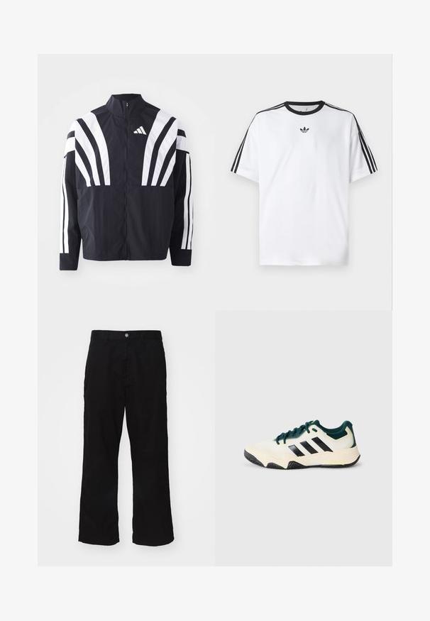 Črna jakna z visokim ovratnikom, popolnim zadrgo in boldnimi belimi diagonalnimi črtami na rokavih. Narejena iz lahkega materiala z gladko teksturo.; Bela majica iz bombaža z črnimi okroglimi izrezi in tremi črnimi črtami na vsakem ramu. Majhen črn logotip na prsih.; Črne široke hlače iz mešanice bombaža, z zapiranjem na gumb in ravnim krojem ter minimalno vidnimi šivi.; Beli in temno zeleni športni copat z črnimi črtami, teksturirano podplatom in vezanjem spredaj na enobarvni svetlo sivi podlagi.