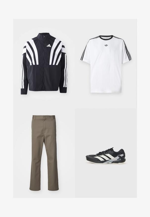 Chaqueta negra con cuello alto, cremallera completa y llamativas franjas diagonales blancas en las mangas. Fabricada en tejido ligero con una textura suave.; Camiseta blanca de algodón, con un cuello redondo negro y tres rayas negras en cada hombro. Pequeño logo negro en el pecho.; Pantalones rectos marrones con pasadores para cinturón, cremallera frontal y sin bolsillos visibles, mostrados sobre un fondo blanco.; Zapatilla deportiva negra con franjas blancas, parte superior de malla, punta redondeada y suela acolchada. Presenta un talón texturizado y un sistema de cordones seguro.