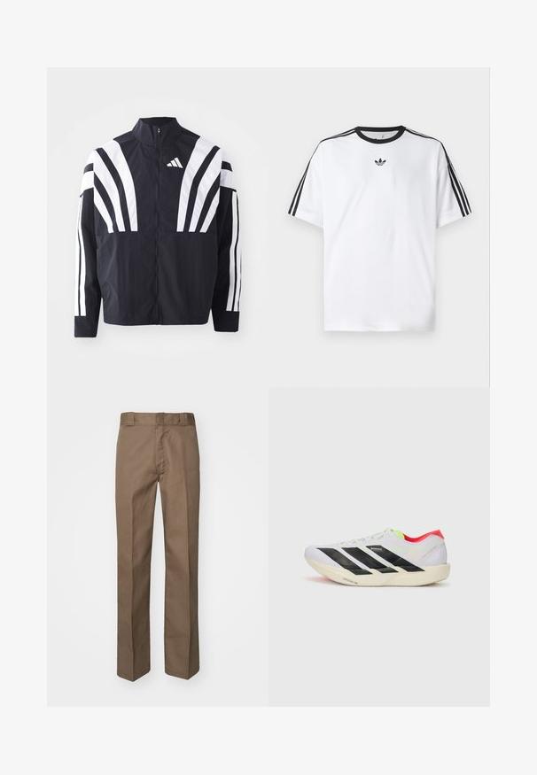 Sort jakke med højt krave, fuld lynlås og iøjnefaldende hvide diagonale striber på ærmerne. Lavet af letvægtsstof med en glat tekstur.; Hvid T-shirt lavet af bomuld, med en sort rund halsudskæring og tre sorte striber på hver skulder. Lille sort logo på brystet.; Brune bukser med flad front design, lige ben og klassisk talje. Fremstillet af holdbart stof, uden synlige mønstre eller udsmykninger.; Hvid løbesko med sorte striber, neon grønne detaljer og en rød hæl. Har et let design og en struktureret sål for bedre greb.