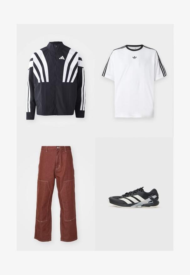 Juodas švarkas su aukštu kaklu, pilnu užtrauktuku ir ryškiomis baltomis įstrižomis juostelėmis ant rankovių. Pagamintas iš lengvos medžiagos su lygiu paviršiumi.; Balta medvilninė marškinėlių su juodu apvali kaklu, ant kiekvieno peties iš trijų juodų juostelių. Mažas juodas logotipas ant krūtinės.; Carhartt WIP MIDLAND DOUBLE KNEE PANT - Laisvo kirpimo džinsai - offroad rinsed; Juoda sportinė avalynė su baltais dryžiais, tinklinis viršus, apvalus pirštas ir paminkštinta padais. Yra tekstūruota kulno dalis ir saugi raištelių sistema.