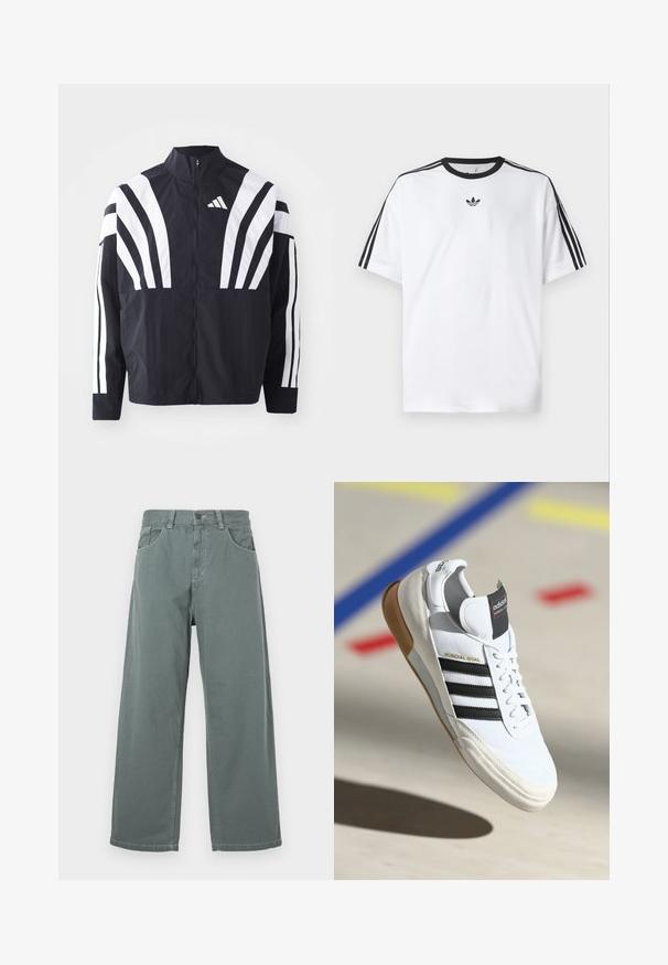 Zwarte jasje met een hoge kraag, volledige rits en gedurfde witte diagonale strepen op de mouwen. Gemaakt van lichtgewicht stof met een gladde textuur.; Witte T-shirt van katoen, met een zwarte ronde halslijn en drie zwarte strepen op elke schouder. Klein zwart logo op de borst.; Brede pijpen in gedempt groen katoen, met een klassieke tailleband, riemlussen, zijzakken en contrasterende stikdetails.; Witte Adidas Mundial Goal sneakers met zwarte strepen en gumzool, midden in de lucht boven een sportvloer met gekleurde lijnen.