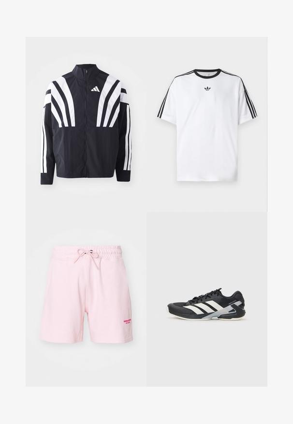 Black jacket featuring a high collar, full zip, and bold white diagonal stripes on sleeves. Made from lightweight fabric with a smooth texture.; White T-shirt made of cotton, featuring a black round neckline and three black stripes on each shoulder. Small black logo on the chest.; Light pink cotton shorts with an elastic waistband and drawstring. Features embroidered text in darker pink on the front right.; Black athletic shoe with white stripes, mesh upper, rounded toe, and cushioned sole. Features a textured heel and secure lacing system.